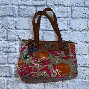 Fossil Floral Tote in Tan and Orange